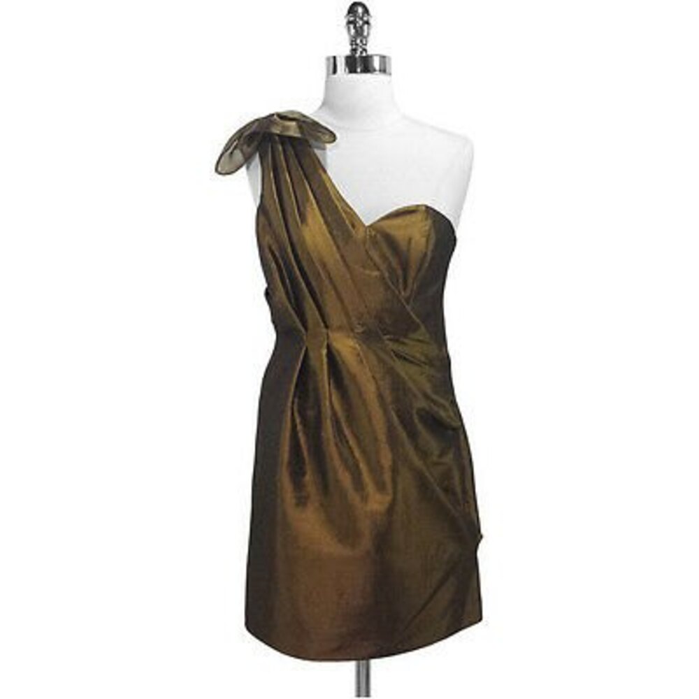 Ali Ro Women's Dress One Shoulder Olive Metallic Dress Size 0 $300